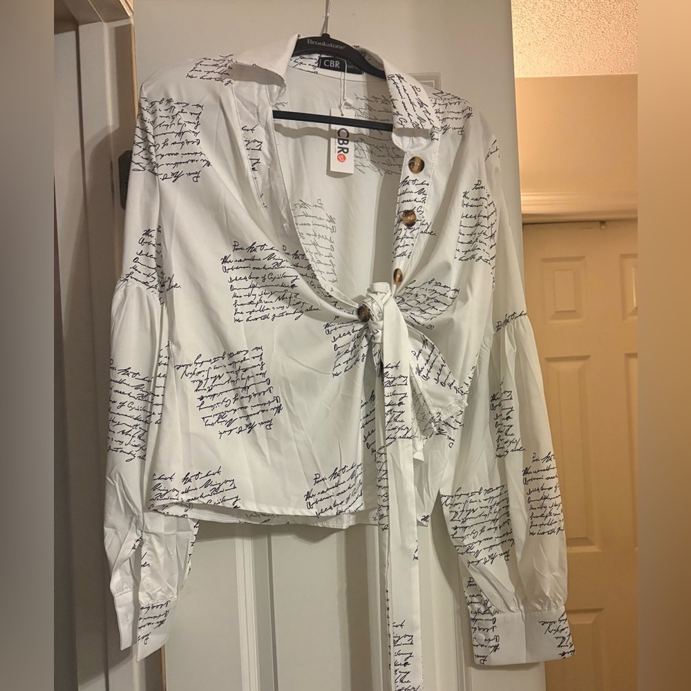 CBR Script Print Blouse with Tie Detail